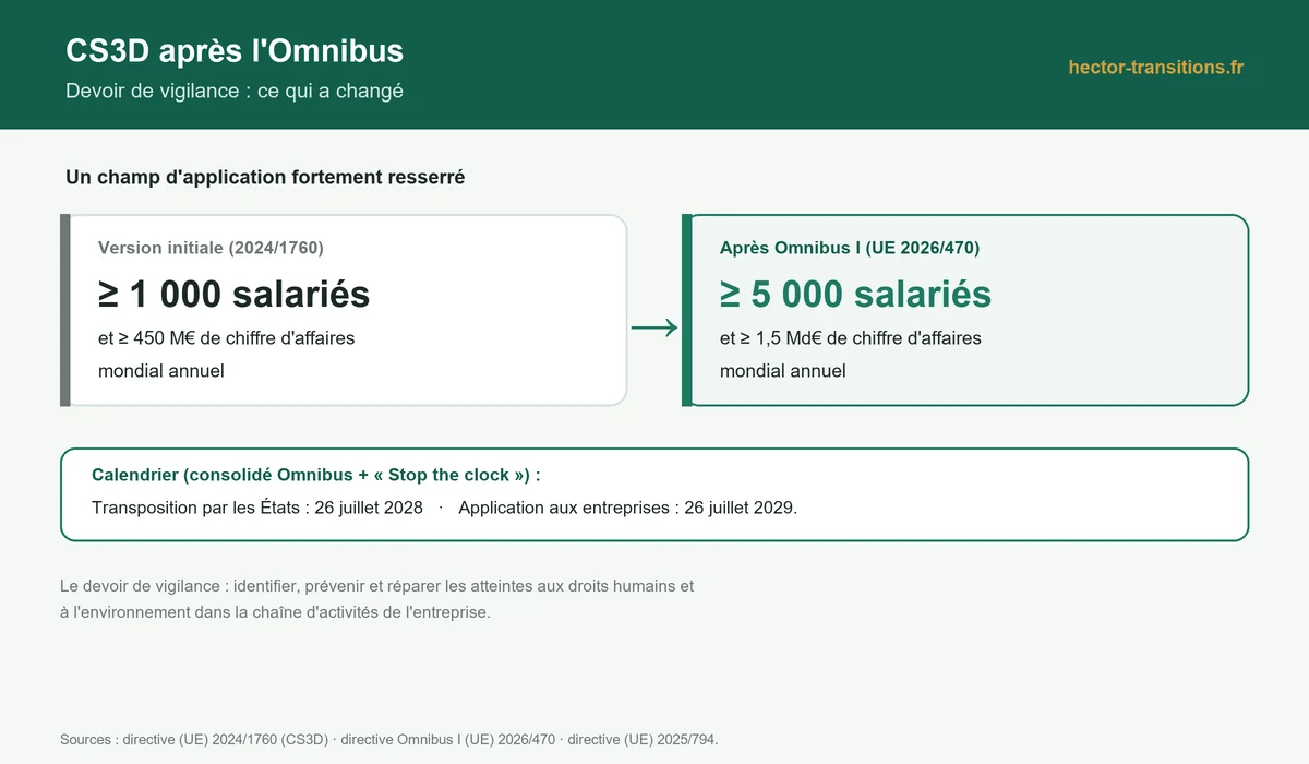 Infographie : la CS3D après l'Omnibus (seuils relevés à 5 000 salariés et 1,5 Md€) et son calendrier