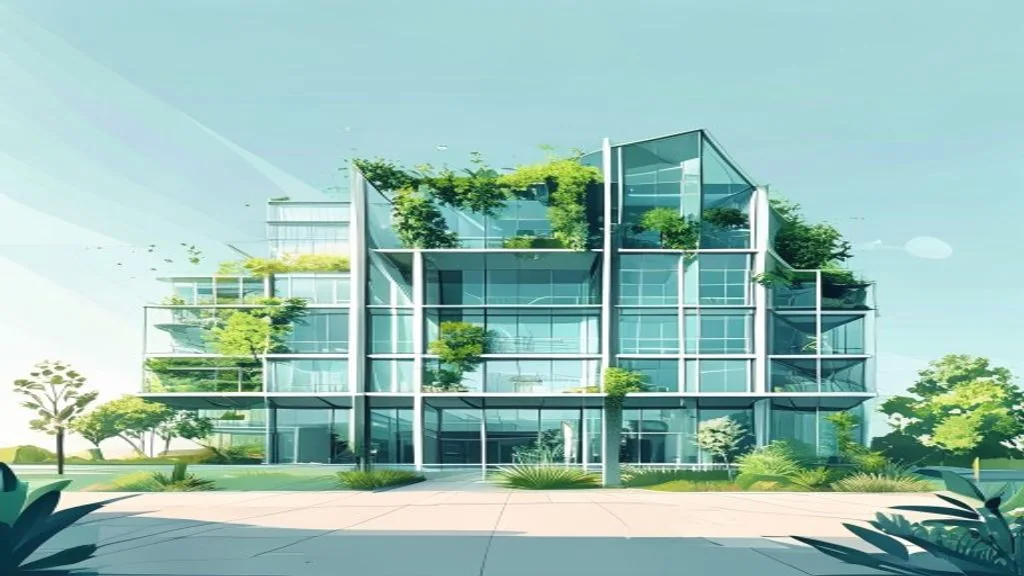 Décret tertiaire : bâtiment de bureaux moderne à façade vitrée et végétalisé, illustration de l'efficacité énergétique