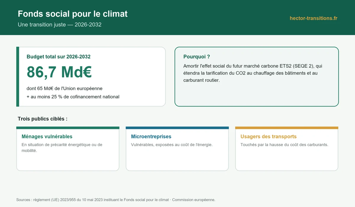 Infographie : le Fonds social pour le climat (86,7 Md€, 2026-2032) et ses trois publics cibles