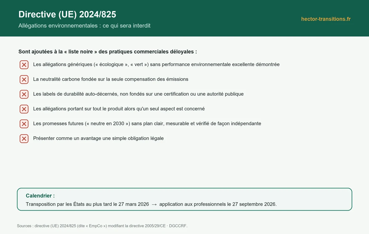 Infographie : les allégations environnementales interdites par la directive (UE) 2024/825 et son calendrier