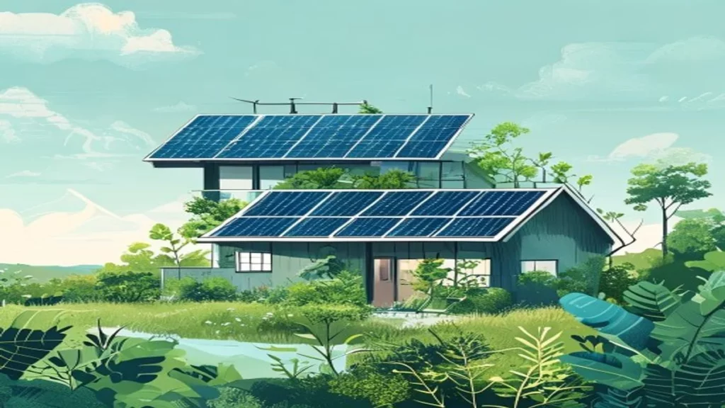 Illustration : maison écologique autonome avec panneaux solaires et récupération d'eau de pluie.