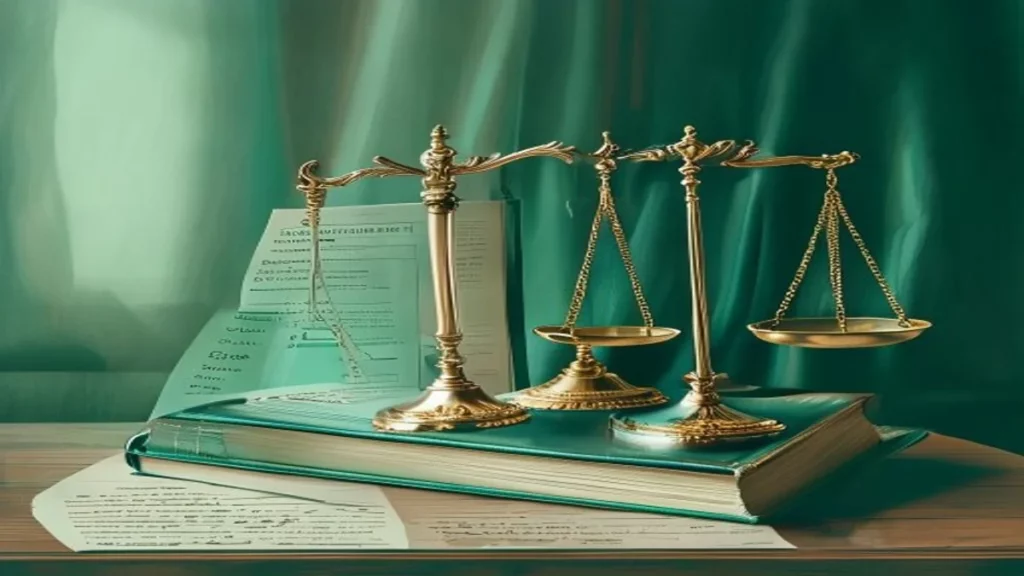 Illustration : ouvrage de droit et balance de la justice, raisonnement juridique.