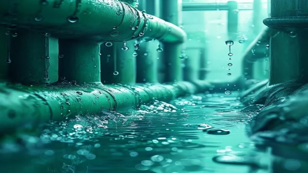 Illustration : canalisations industrielles et gouttes d'eau évoquant les PFAS et leur réglementation.