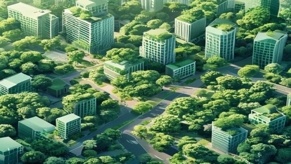 Illustration : ville durable du futur vue du ciel, quartiers végétalisés et mobilité décarbonée.