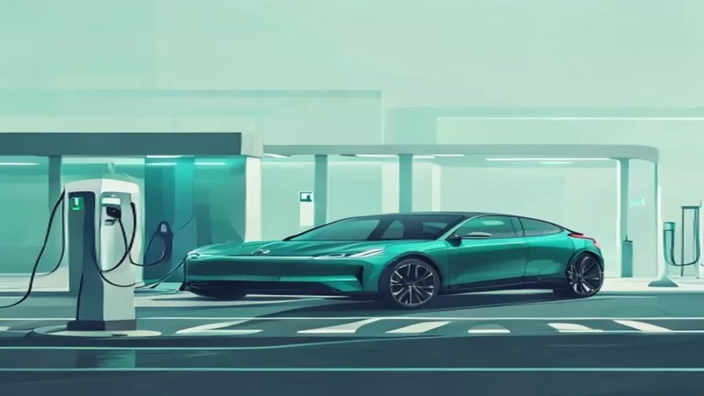 Illustration : voiture électrique en recharge, symbole de la mobilité propre.