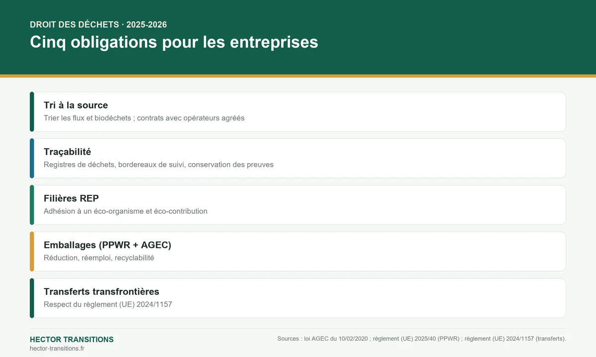 Infographie : cinq obligations des entreprises en droit des déchets en 2025-2026 — tri, traçabilité, REP, emballages, transferts.
