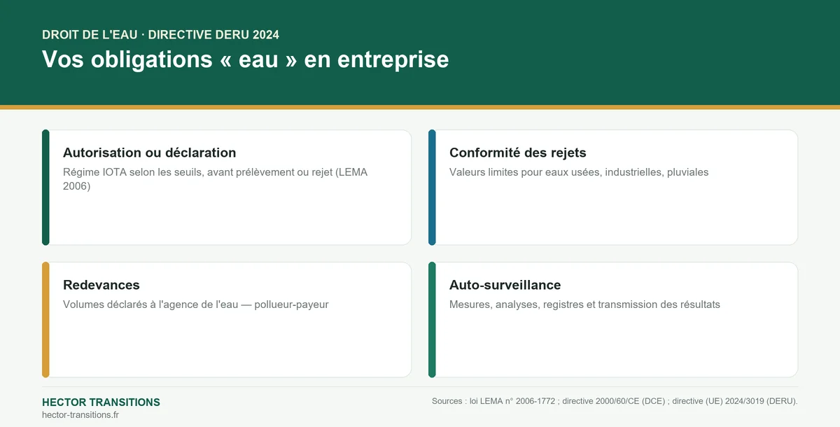 Infographie : les obligations des entreprises en droit de l'eau — autorisation, conformité des rejets, redevances, auto-surveillance.