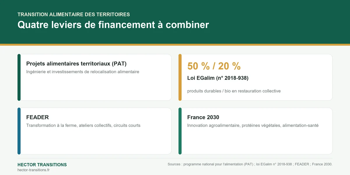 Infographie : quatre leviers pour financer la transition alimentaire d'un territoire — PAT, loi EGalim, FEADER et France 2030.