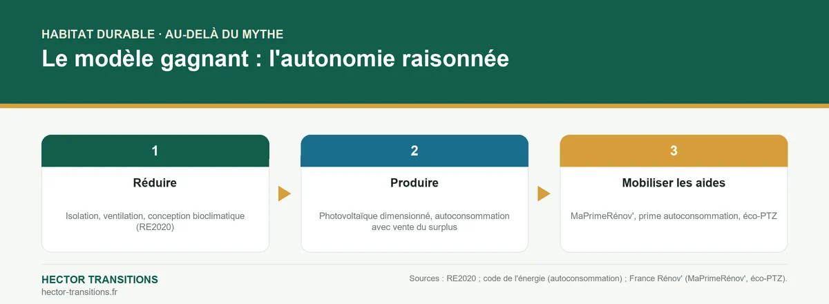 Infographie : le modèle de l'autonomie raisonnée pour l'habitat durable — réduire, produire, puis mobiliser les aides.
