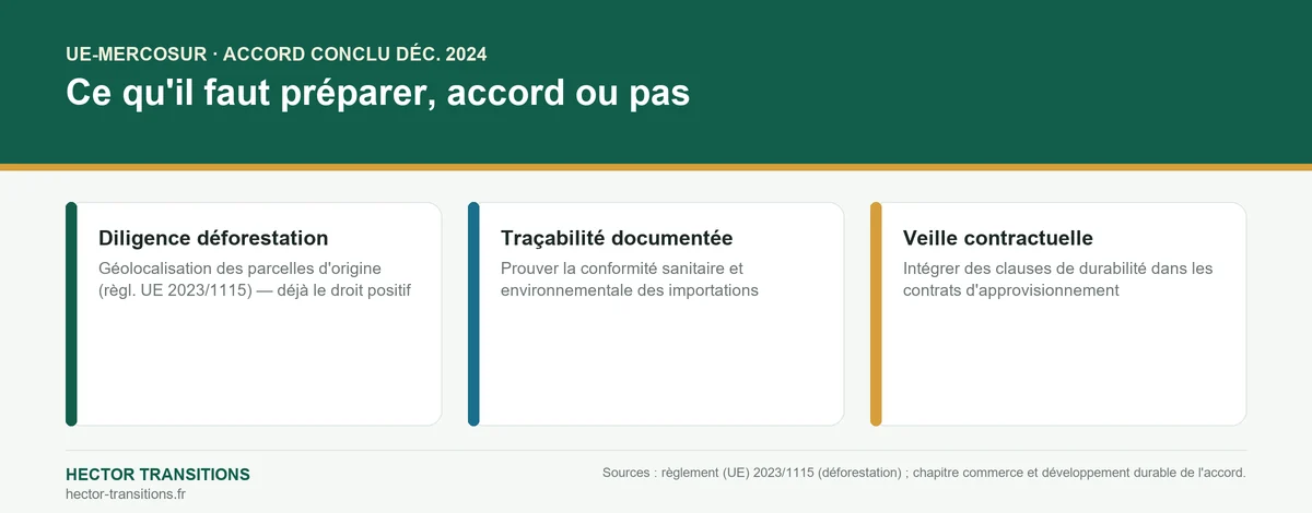 Infographie : ce que les entreprises doivent préparer face à l'accord UE-Mercosur — diligence déforestation, traçabilité, clauses.