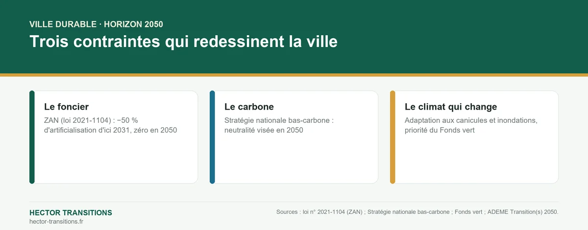 Infographie : trois contraintes qui redessinent la ville durable à l'horizon 2050 — foncier (ZAN), carbone et adaptation climatique.