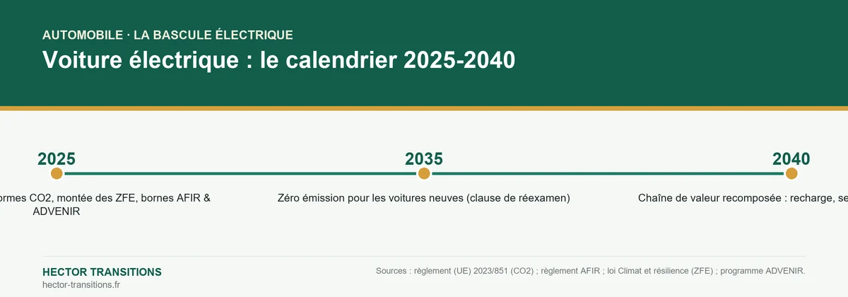 Infographie : le calendrier de la bascule vers la voiture électrique entre 2025 et 2040, avec l'objectif zéro émission en 2035.