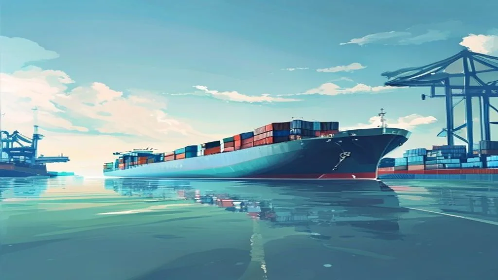 MACF (CBAM) : porte-conteneurs et industrie à un port européen, illustration de la taxe carbone aux frontières