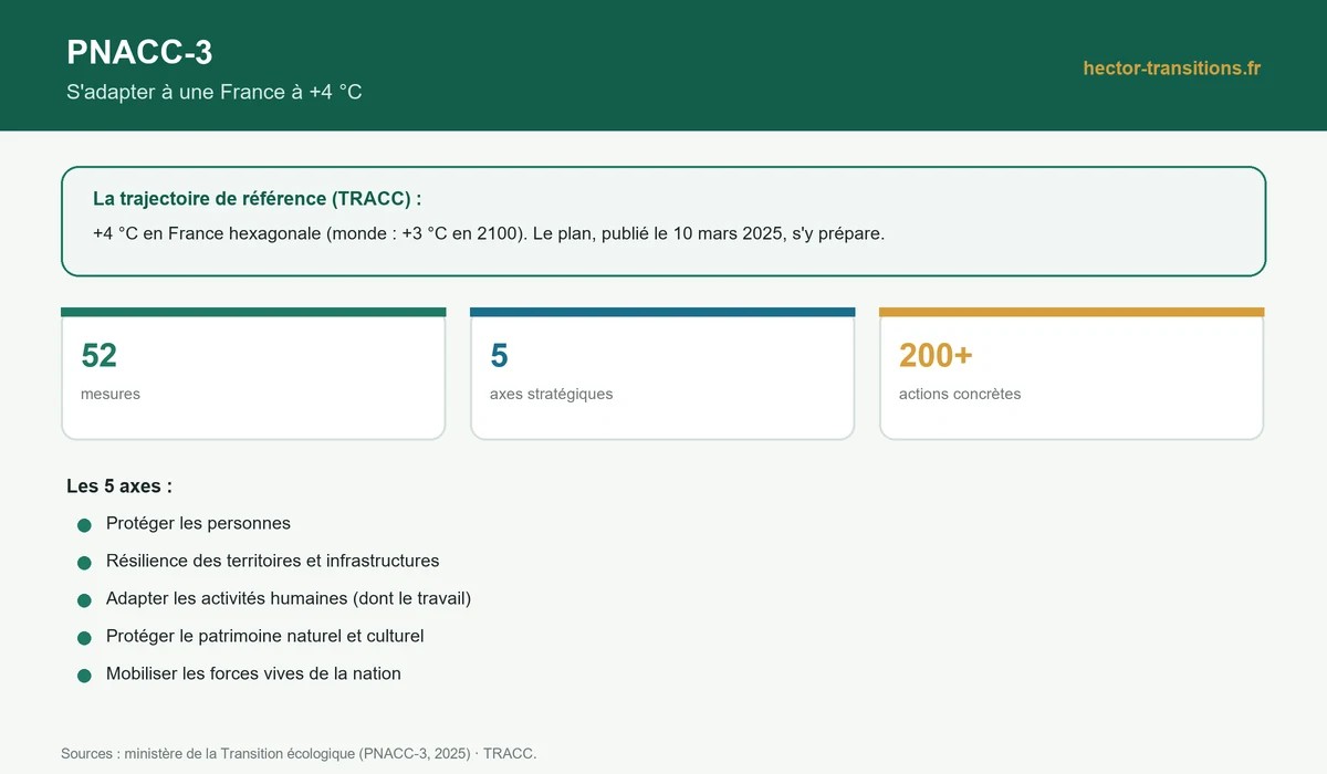 Infographie : le PNACC-3, trajectoire de référence +4 °C, mesures et axes d'adaptation