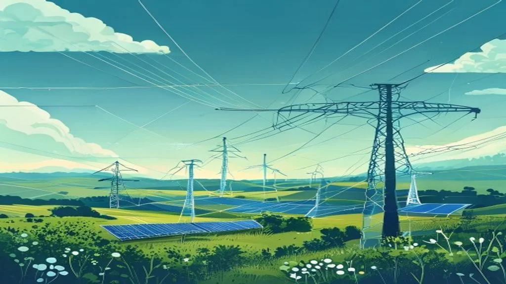 Smart grids : lignes électriques, panneaux solaires et éoliennes, illustration du réseau électrique intelligent