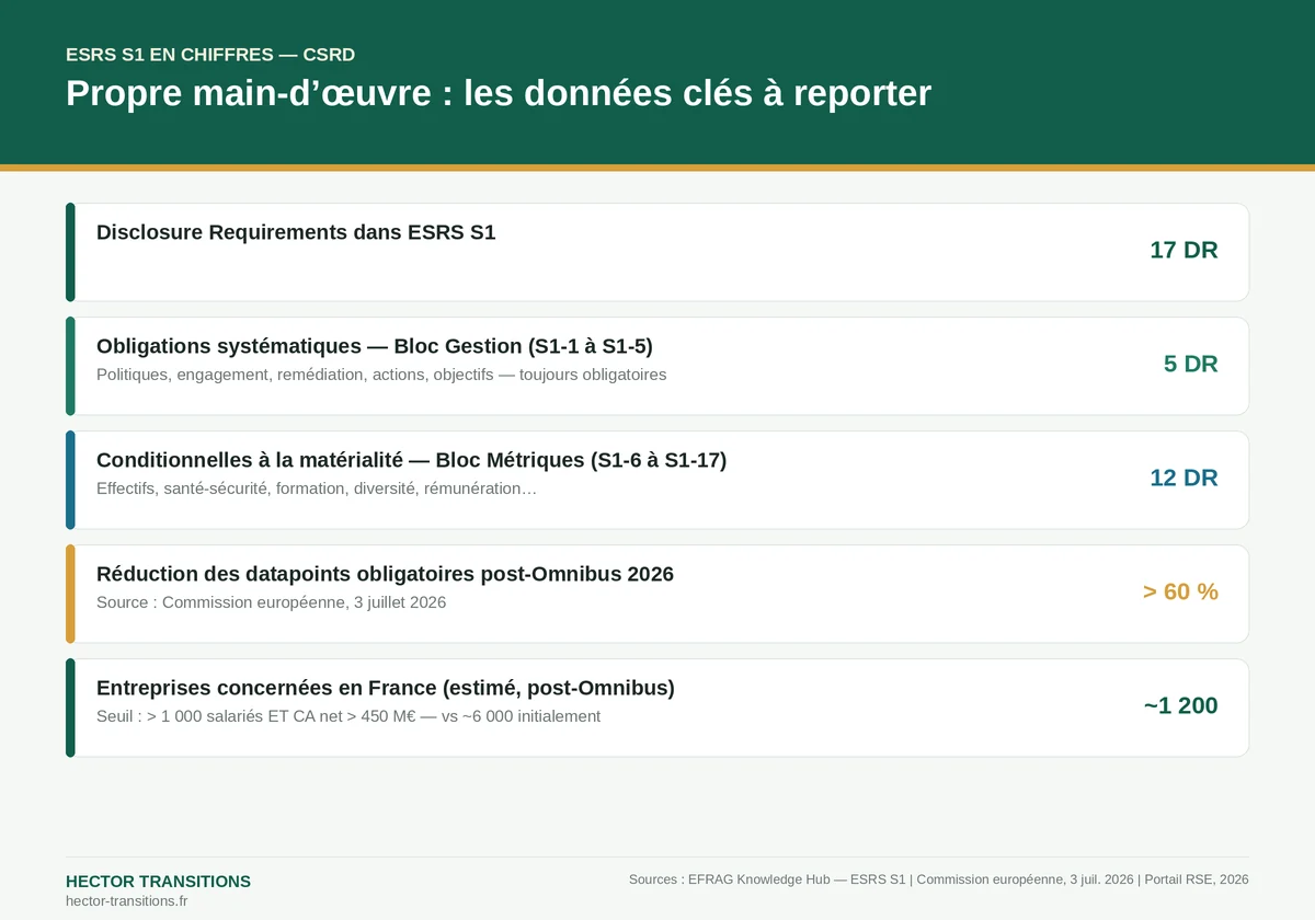 ESRS S1 — Chiffres clés : 17 Disclosure Requirements, réduction post-Omnibus 2026, ~1 200 entreprises en France
