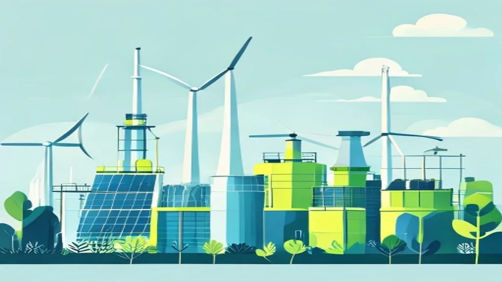 Site industriel bas-carbone avec éoliennes, panneaux solaires et hydrogène vert illustrant le financement de la décarbonation par l'Innovation Fund