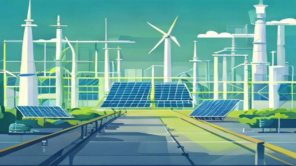 Usine de technologies propres fabriquant panneaux solaires, pales d'éoliennes et batteries, illustrant le Net-Zero Industry Act