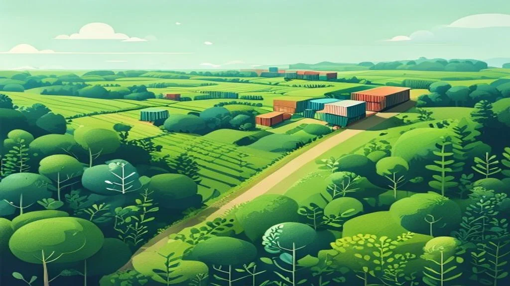 Lisière de forêt bordant des terres agricoles avec conteneurs de fret, illustrant le règlement européen contre la déforestation (RDUE)