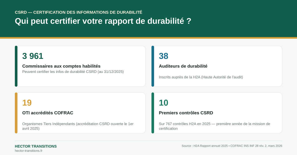 Infographie : qui peut certifier les informations de durabilité CSRD en France ? 3 961 commissaires aux comptes, 38 auditeurs de durabilité H2A, 19 OTI accrédités COFRAC — Hector Transitions