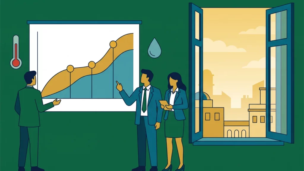 Illustration : des professionnels en formation devant une courbe de réchauffement, fenêtre ouverte sur une ville méditerranéenne