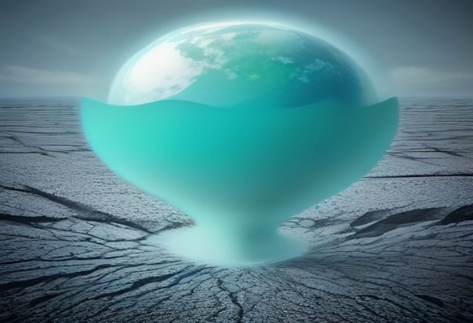 Illustration abstraite : une sphère terrestre bleu-vert émergeant d'un sol craquelé par la sécheresse, symbole du risque climatique pour les entreprises
