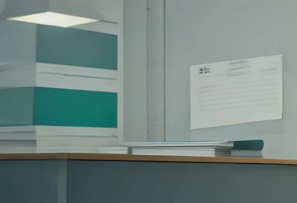 Bureau moderne avec piles de documents officiels illustrant la publication d'un règlement européen