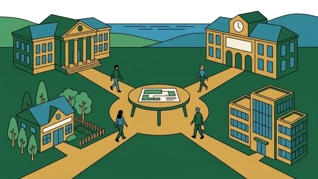 Illustration : université, mairie, association et entreprise convergeant vers une table de projet commune, collines et mer en arrière-plan