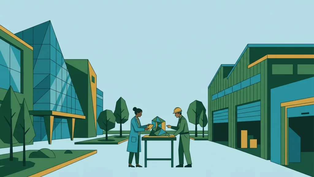 Illustration : un bâtiment universitaire et un atelier industriel réunis autour d'un prototype — partenariat de recherche entre entreprise et université
