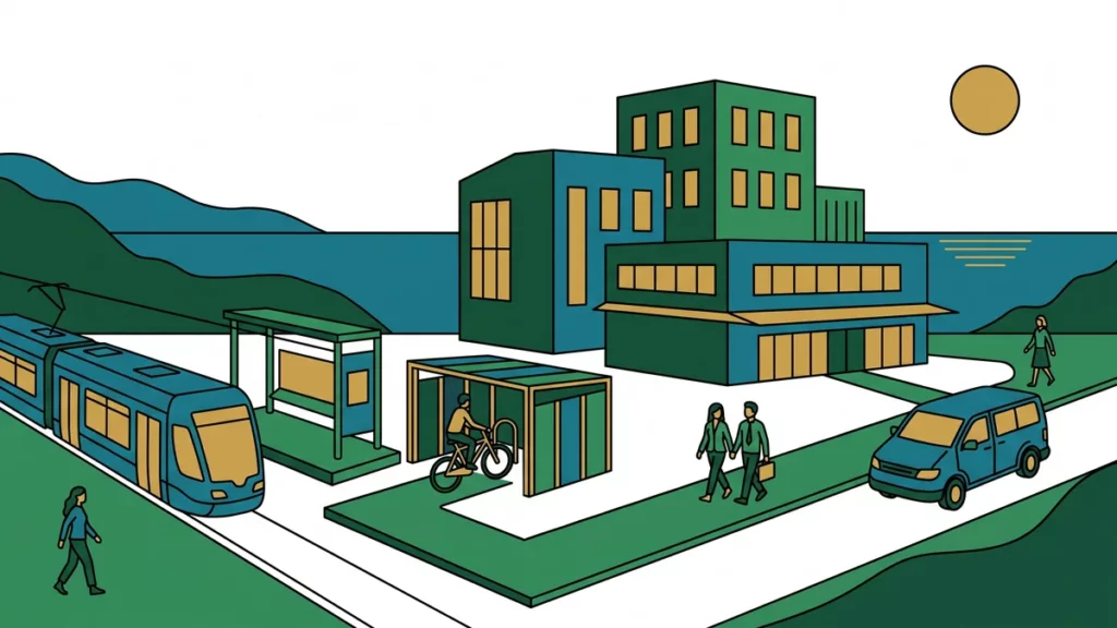 Illustration : salariés arrivant à vélo, en tramway, en covoiturage et à pied devant un bâtiment d'entreprise sur le littoral méditerranéen