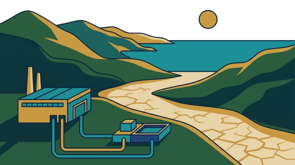 Illustration : collines des Alpes-Maritimes descendant vers la mer, station de traitement, irrigation et usine réutilisant l'eau — sobriété hydrique sur le littoral méditerranéen
