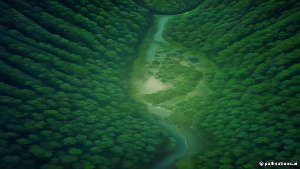 Vue aérienne d'une forêt traversée par une rivière, illustration éditoriale du TNFD et des risques liés à la nature