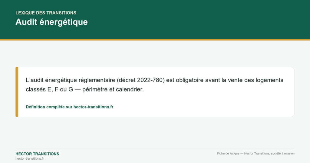 Audit énergétique — L’audit énergétique réglementaire (décret 2022-780) est obligatoire avant la vente des logements classés E, F ou G — périmètre et calendrier.