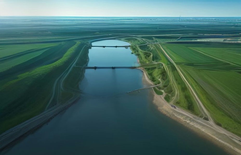 Vue aérienne de paysage agricole et d'infrastructures hydrauliques résilientes, illustrant l'adaptation au changement climatique financée par la BEI