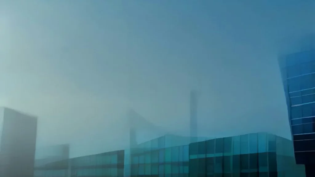 Bâtiment institutionnel européen vitré dans la brume, illustration éditoriale sur le blocage du budget européen 2028-2034
