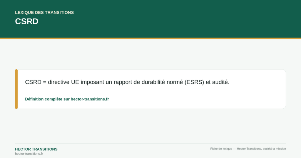 CSRD — CSRD = directive UE imposant un rapport de durabilité normé (ESRS) et audité.