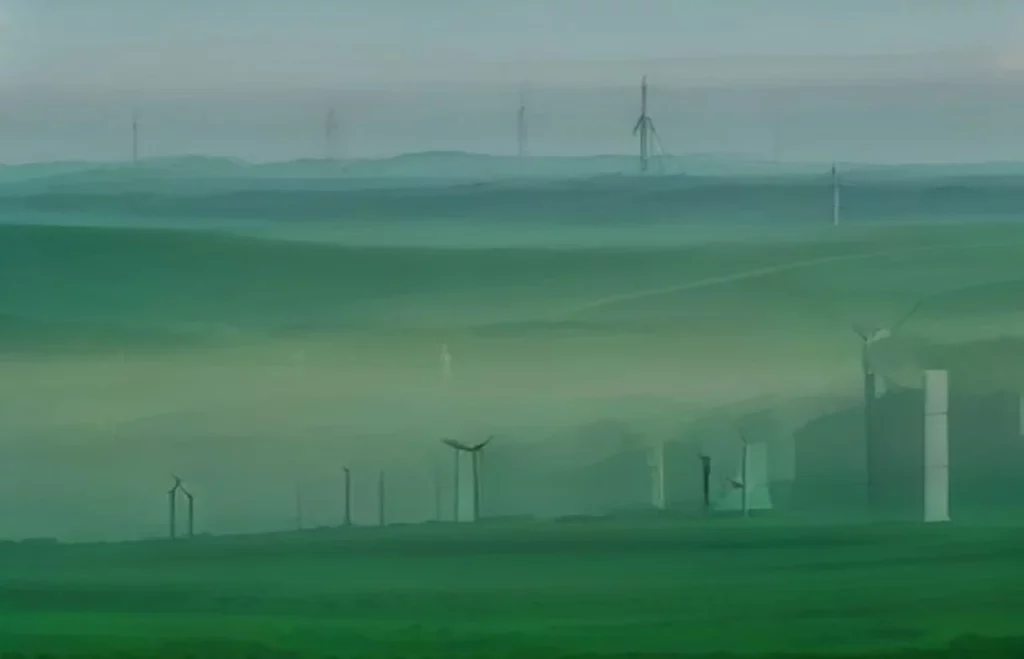 Éoliennes dans un paysage brumeux vert et bleu, illustration du financement de la transition écologique