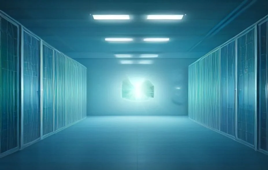 Salle de serveurs d'un centre de données, illustration éditoriale sobre évoquant l'efficacité énergétique