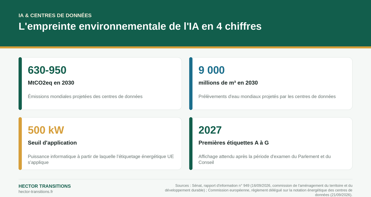Infographie : l'empreinte environnementale de l'IA en 4 chiffres — émissions, eau, seuil et calendrier de l'étiquetage énergétique européen des centres de données