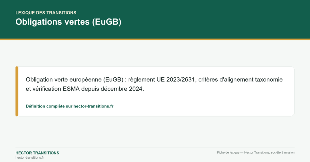 Obligations vertes (EuGB) — Obligation verte européenne (EuGB) : règlement UE 2023/2631, critères d'alignement taxonomie et vérification ESMA depuis décembre 2024.