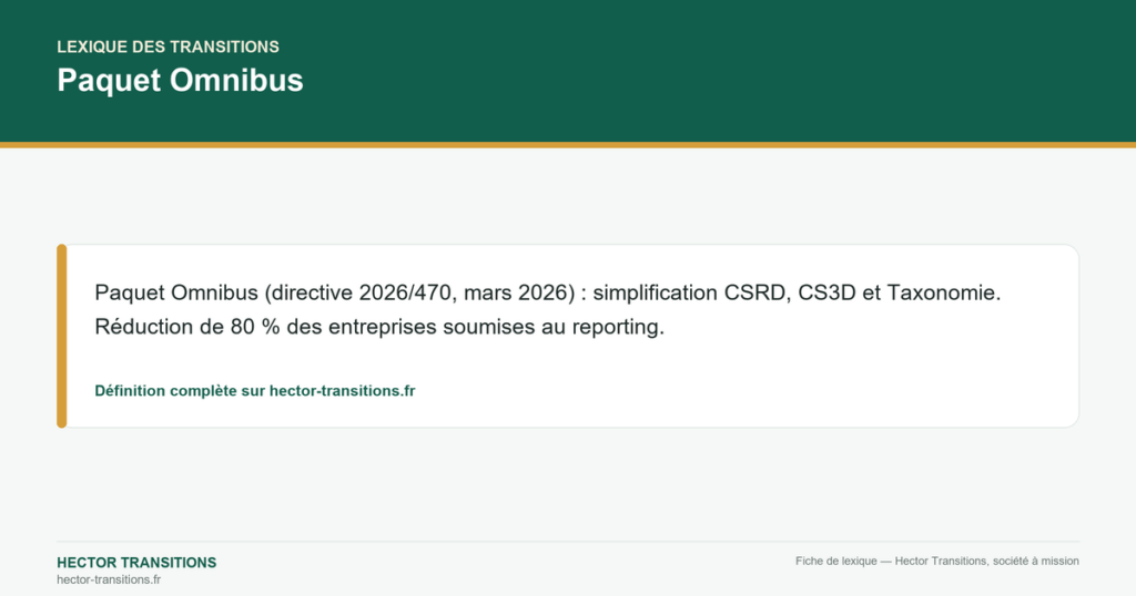 Paquet Omnibus — Paquet Omnibus (directive 2026/470, mars 2026) : simplification CSRD, CS3D et Taxonomie. Réduction de 80 % des entreprises soumises au reporting.