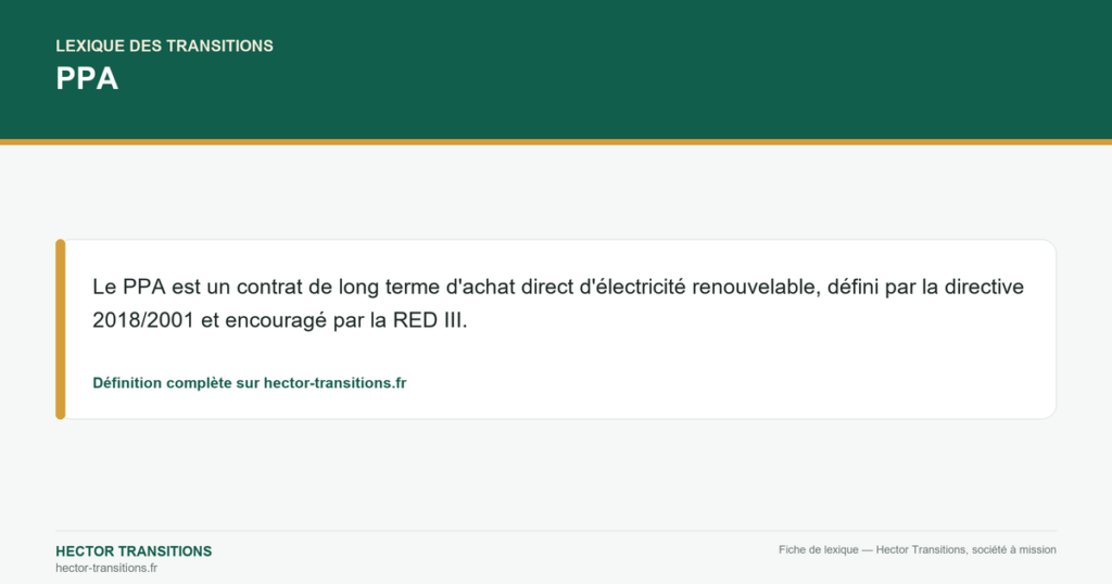 PPA — Le PPA est un contrat de long terme d'achat direct d'électricité renouvelable, défini par la directive 2018/2001 et encouragé par la RED III.