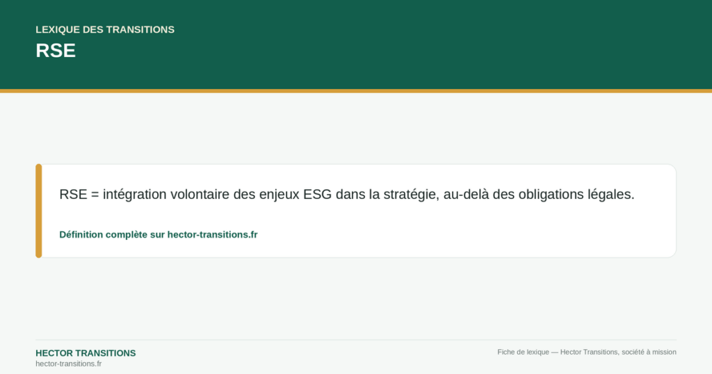RSE — RSE = intégration volontaire des enjeux ESG dans la stratégie, au-delà des obligations légales.