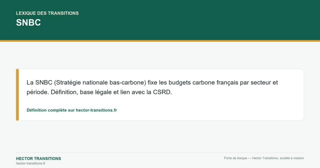 SNBC — La SNBC (Stratégie nationale bas-carbone) fixe les budgets carbone français par secteur et période. Définition, base légale et lien avec la CSRD.