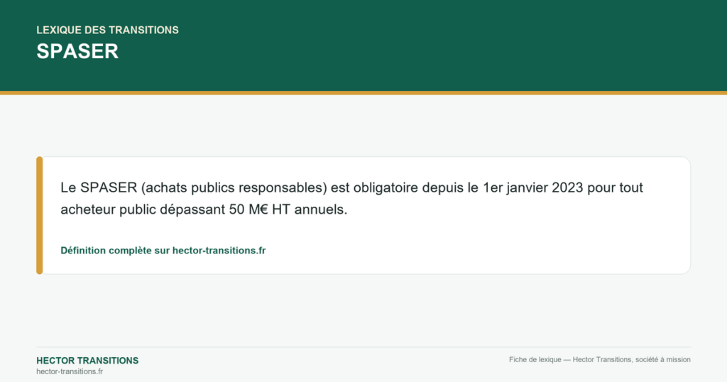SPASER — Le SPASER (achats publics responsables) est obligatoire depuis le 1er janvier 2023 pour tout acheteur public dépassant 50 M€ HT annuels.