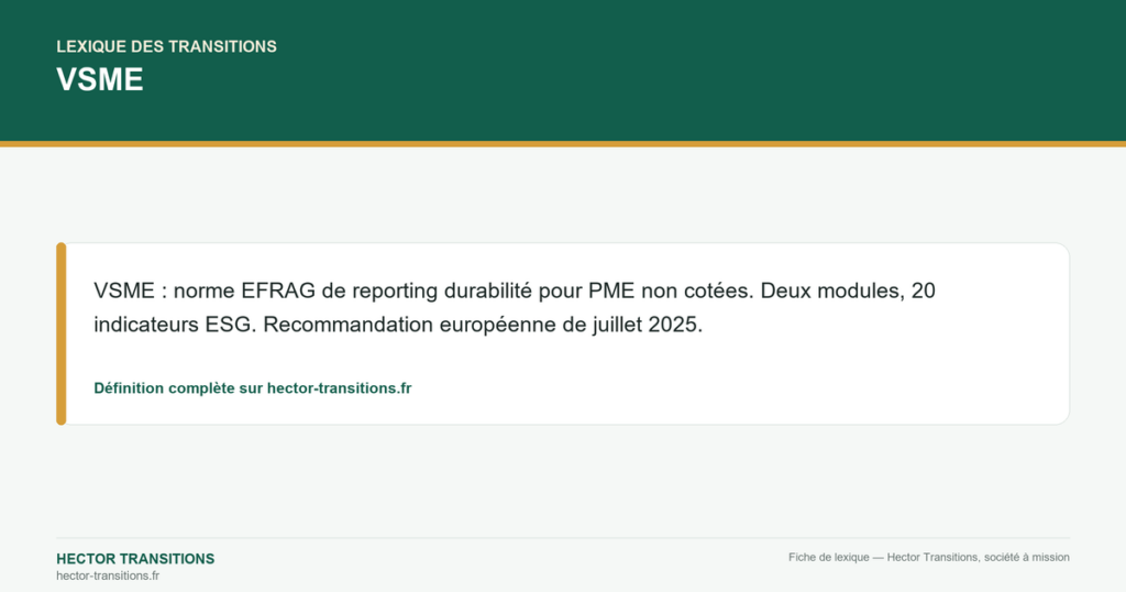 VSME — VSME : norme EFRAG de reporting durabilité pour PME non cotées. Deux modules, 20 indicateurs ESG. Recommandation européenne de juillet 2025.